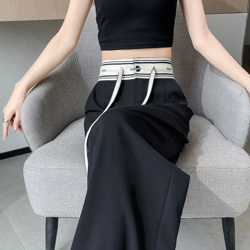 Summer New Contrast Color Patchwork Wide Leg Trousers Women Fashion Button Pockets High Waist Drawstring Loose All-match Pants