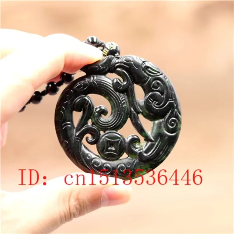 Natural Black Green Chinese Jade Double sided hollow dragon Pendant Necklace Jewelry Fashion Carved Amulet Gifts sweater chain