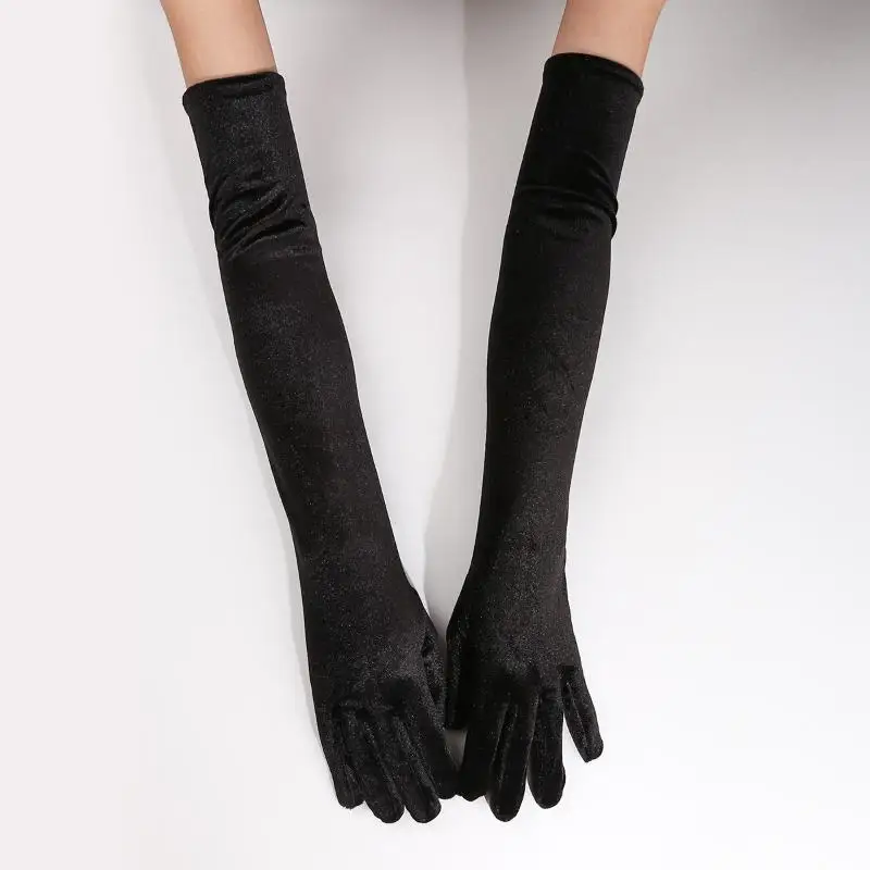 1 Paar flauschige, elegante, einfarbige Samthandschuhe für Damen, 53 cm lang, mit vollem Fingerbereich, für Abendkleider, Etikette, Bühnenauftritte und Partys – Detail 3