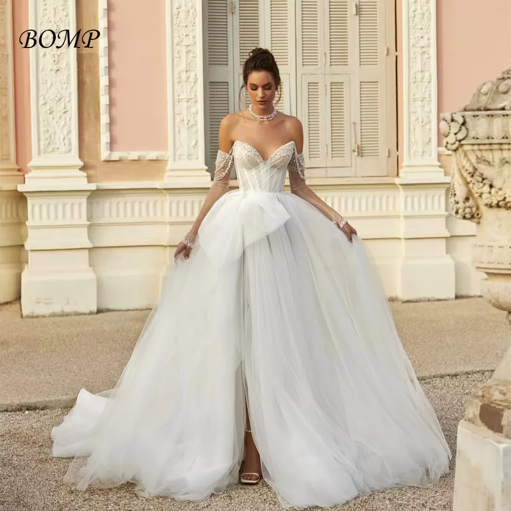 BOMP Luxury Pearls Wedding Dress Off Shoulder Pleat A-Line Sweep Train Ivory Tulle Bridal Gown Customized Elegant Robe de mariée