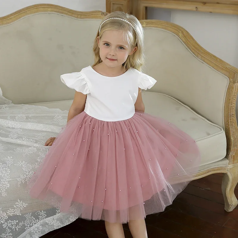 Summer Baby Girls Dress 1 2 3 4 5 Years Birthday Party Wear Beading Ruffles Sleeve Princess Pink Dress Infant Bowknot Tutu Gown