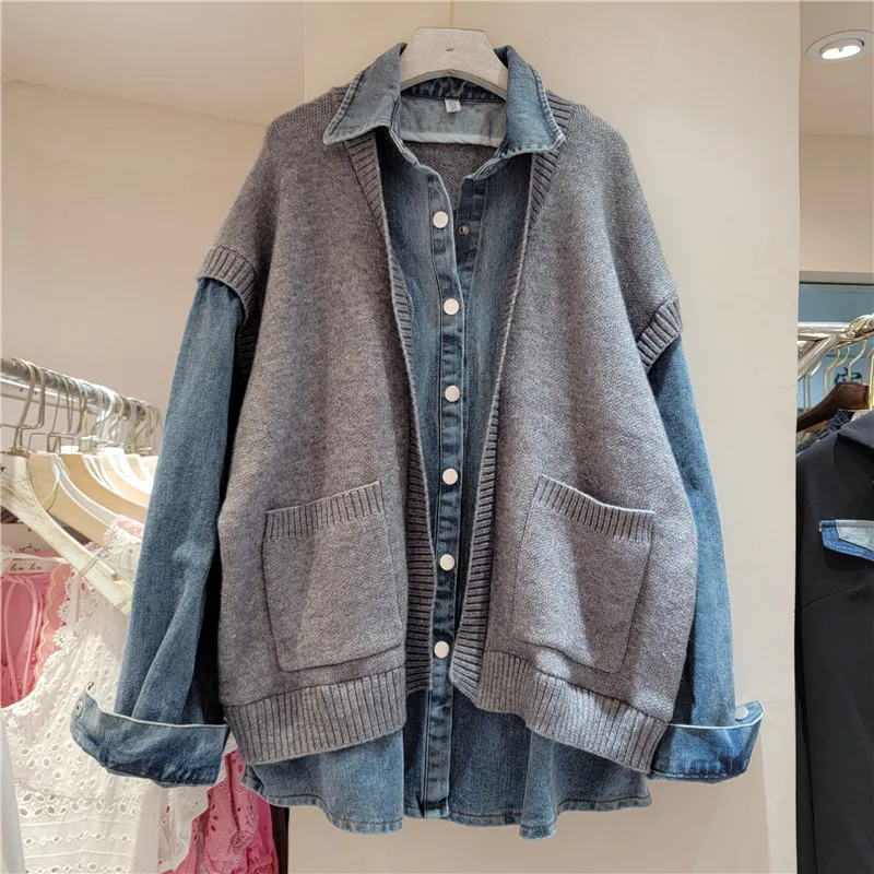 

SuperAen Spring and Autumn New Loose Patchwork Denim Jacket for Women's Knitted Thick Cardigan Europe and America Style Coats
