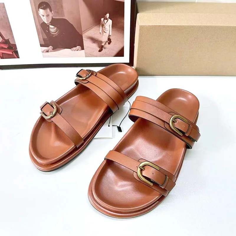 Brown Flatform Slippers Outdoor Sandals Women Round Head Open Head Thick Sole Slipper Leisure Buckle Strap Upper Shoes For Woman