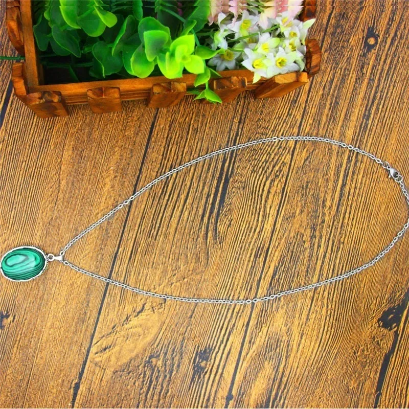 Oval Malachite Necklace Earrings Jewelry Set For Women Vintage Hollow Flower Pendant Stainless Steel Chain Fashion Gift  TS273