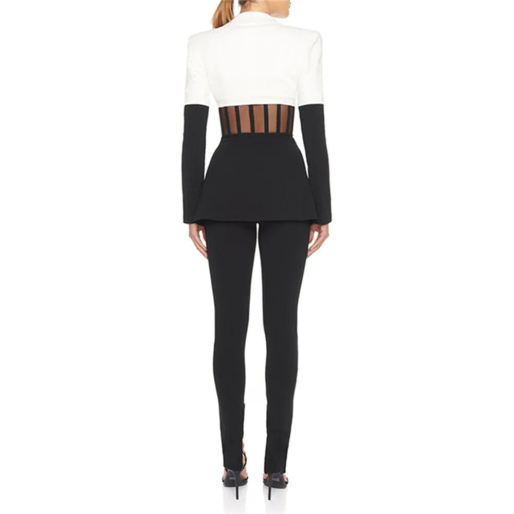 Colorblock Two-Piece Set for Women, Long Sleeve Tops, Notched Collar, High Waist Pants, Female Fashion Sets, Sexy Style