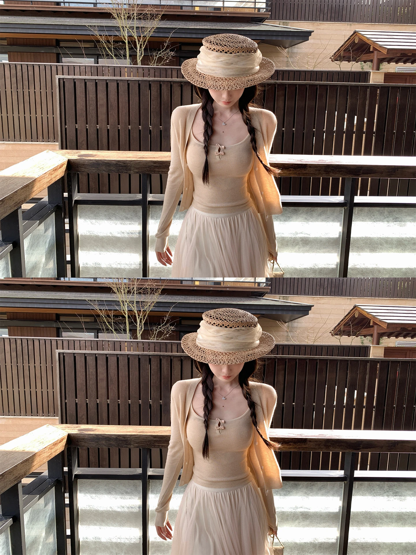 

Милый комплект из двух предметов: вязаный кардиган с V-образным вырезом и утягивающий топ на завязках, двухцветный, в стиле Pure Desire