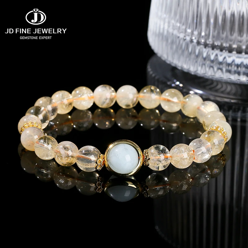 JD Natural Citrine Aquamarine Round Bead Lucky Bracelets Women Fashion Reiki Healing Crystal Stone Stretch Bangles Wrist Jewelry