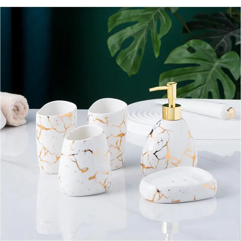 bathroom accessories set Marble gold pattern ceramics toothpaste dispenser soap box toothbrush holder cup lotion bottle