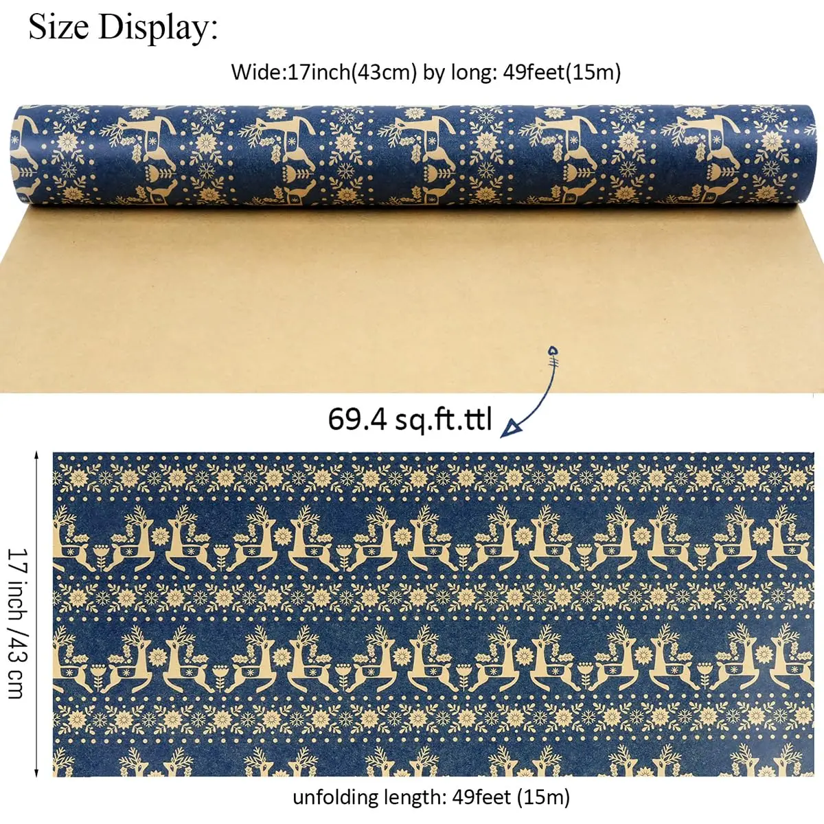 1 Roll Christmas Wrapping Paper Roll,Navy Blue Kraft Wrapping Paper,17 Inch x 590inch,Snowflake,Xmas Floral and Reindeer Design