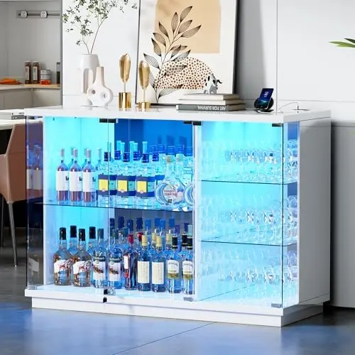 Glass Display Cabinet with Lock & LED Light, High Gloss Sideboard with Motion Sensor & Glass Shelves, Curio Cabinet for view 3