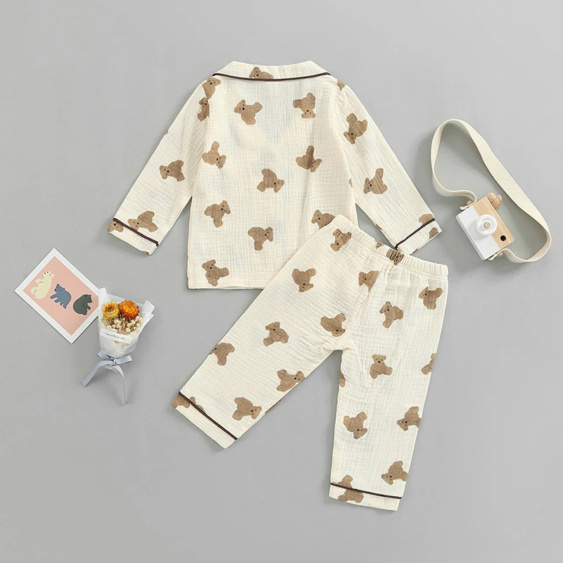 Kids Unisex Casual Pajama Sets Cartoon Bear Printed Long Sleeve Front Pocket Lapel Tops+Printed Long Pants Homewear For 1-6Yrs