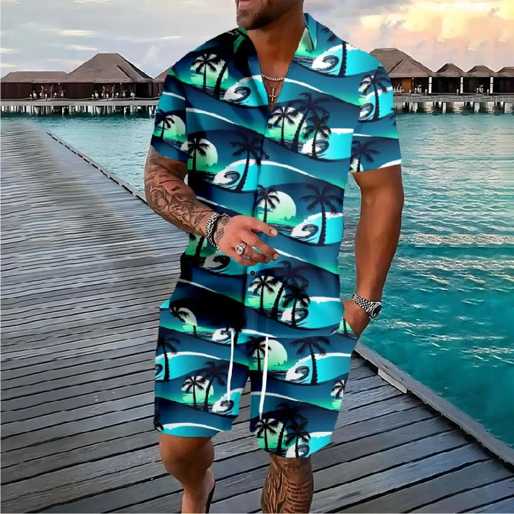 Palm Hawaiian Coconut Tree Flowers Button Suits Shirts Shorts Colors Florals Set Streetwear Casual Beach Men Clothes