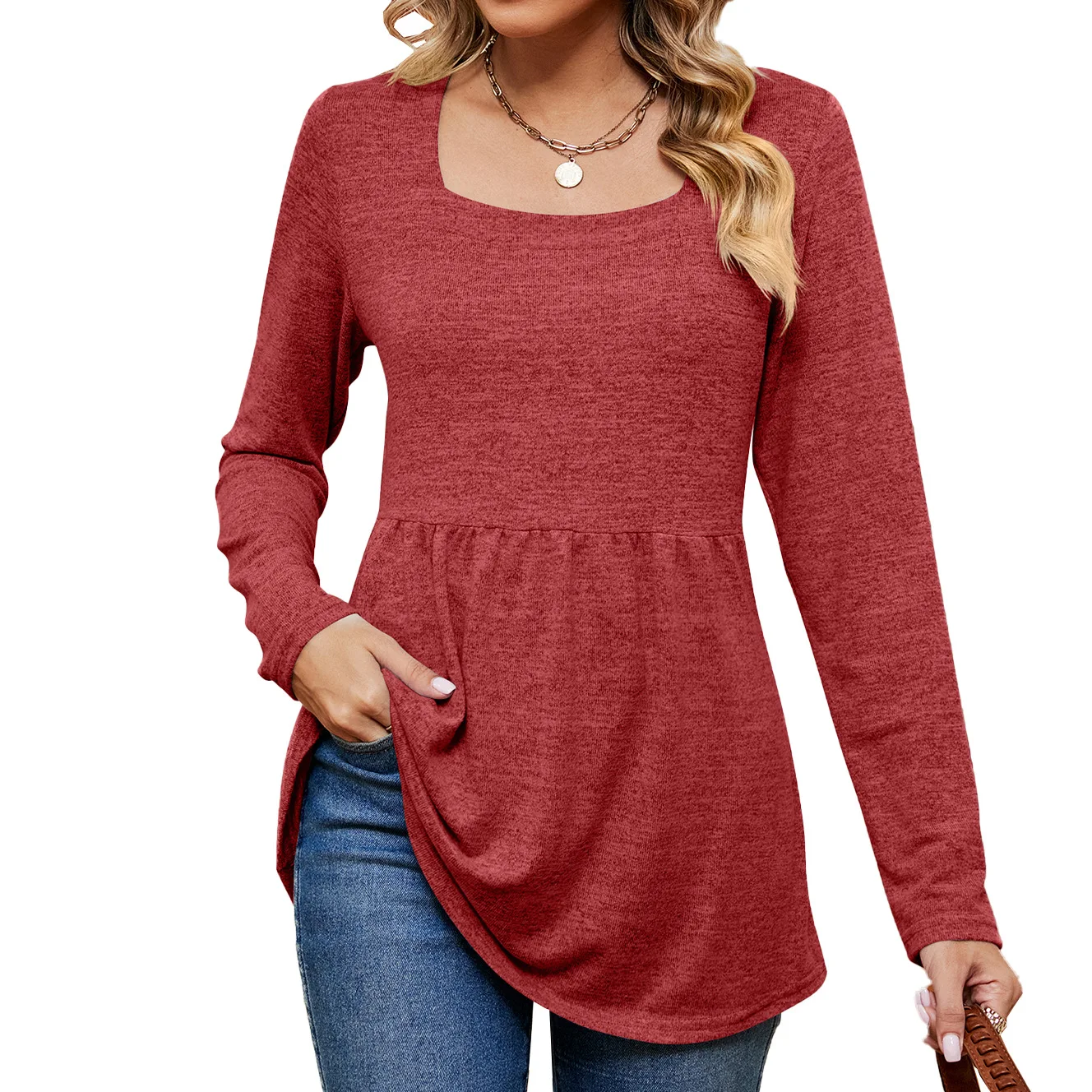 Women's Long Sleeve Pleated Lightweight Sweatshirt, Tops for Autumn, Monochromatic, Square Neck