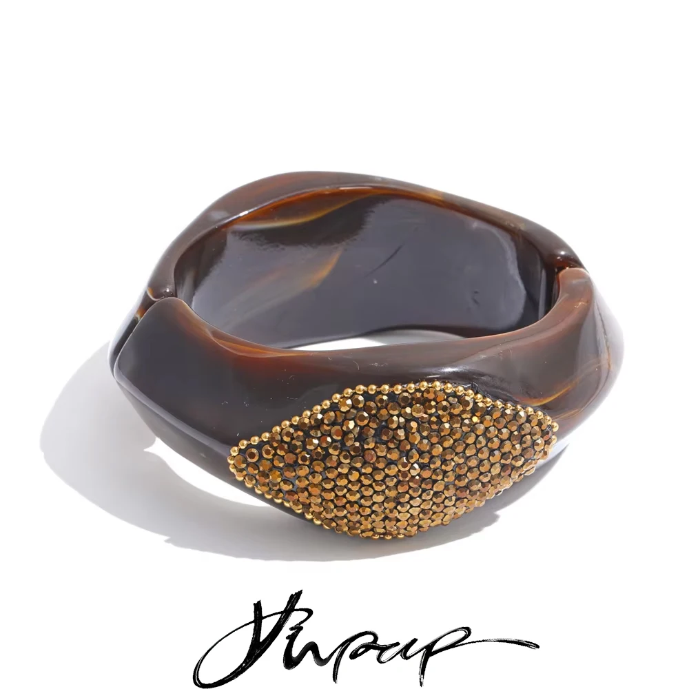 Yhpup Green Coffee Champagne Color Resin Rhinestones Statement Bracelet Bangle Autumn Winter Style Exaggeration Wrist Jewelry