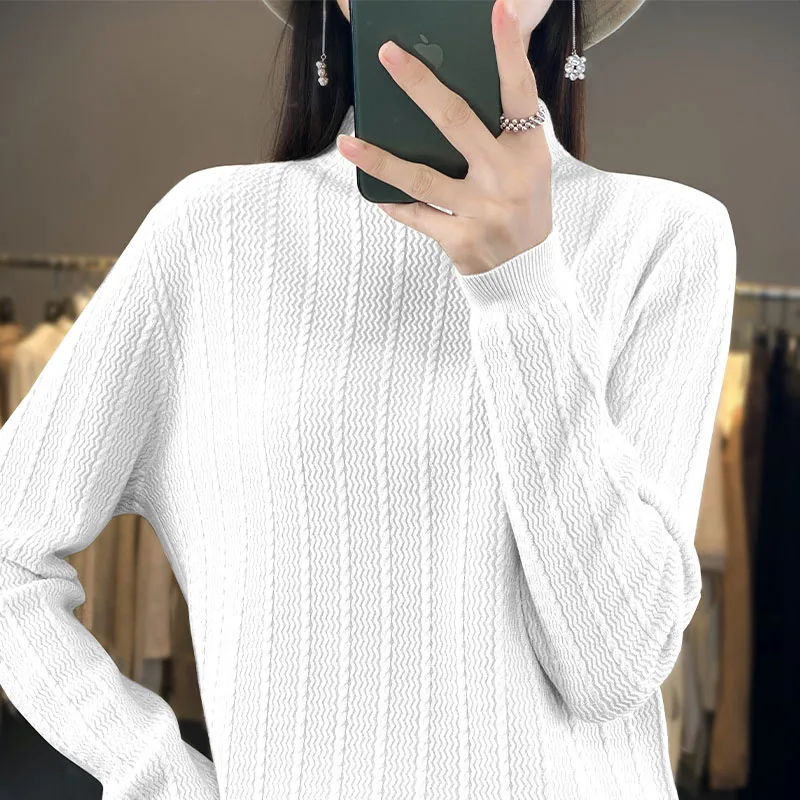 Women's boutique high-end sweater knitted cashmere sweater half high collar pullover long sleeved new cashmere sweater