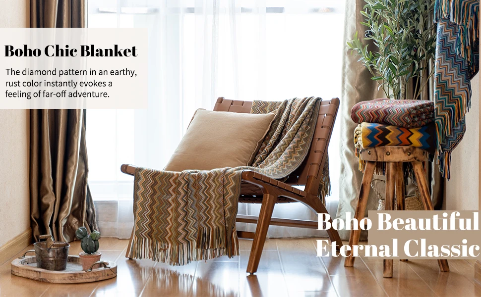 Battilo Boho Throw Blanket Lightweight Knit Throw With Tassels Bohemian Woven Sofa Blankets Soft Bed Plaid Decorative Blanket