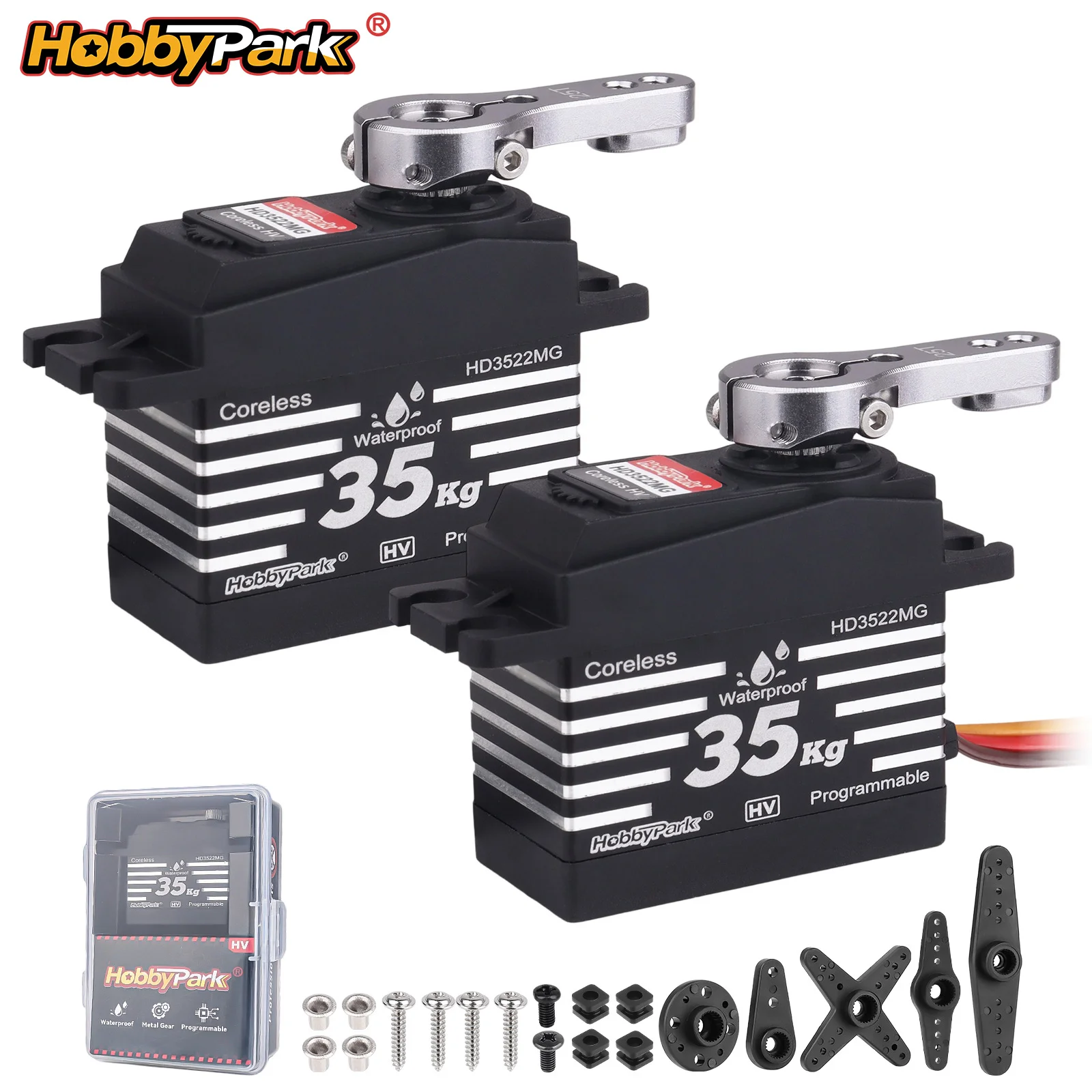 

HobbyPark 2pcs Waterproof 35KG Servo High Torque Coreless Metal Gear Steering Servo for 1/10 RC Crawler Car Truck Traxxas Axial