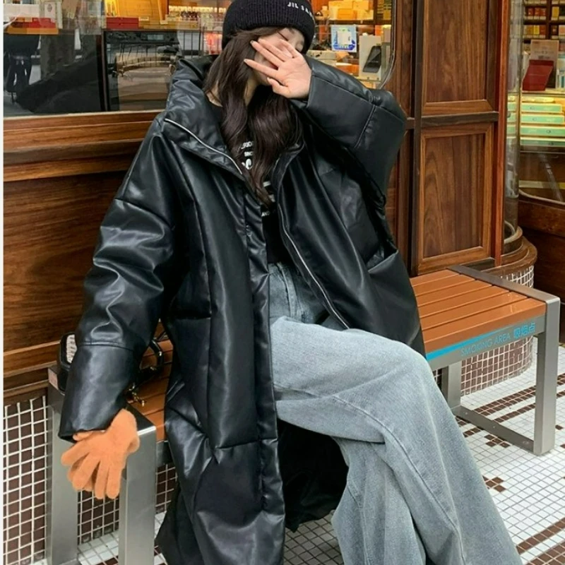 2026 Autumn Winter New Fashionable Thickened High-end Medium Length Jacket No Wash PU Leather Down Cotton Coat Women Long Style