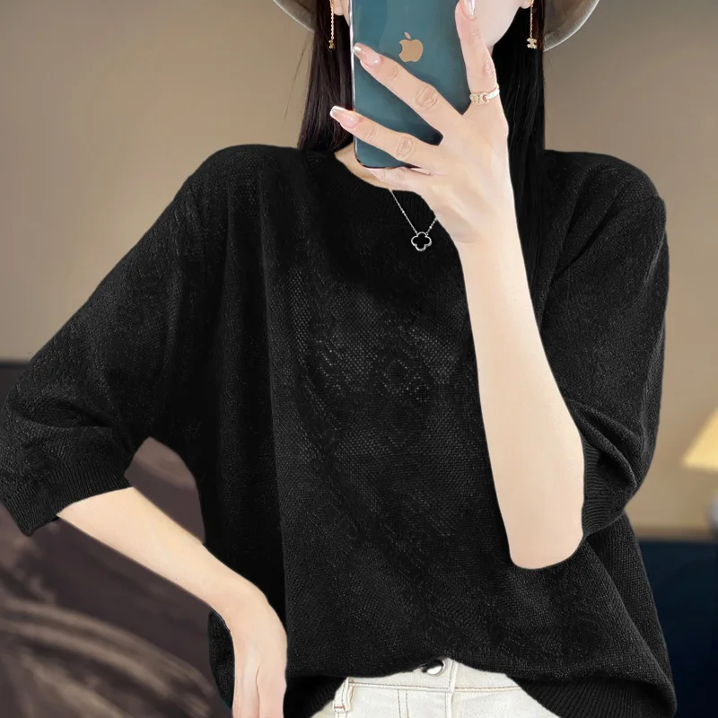 Round Neck Imitation Wool Half Sleeved Women's New Summer Thin Solid Color Fashionable Basic Style Pullover Knitted T-Shirt Top