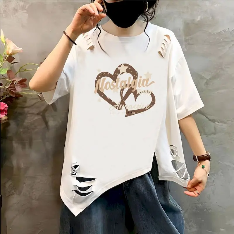 

Cotton T-shirts for Women 2026 New in Summer Loose T Shirt Double Heart Print Graffiti Ripped Short Sleeve Tshirt Irregular Tops