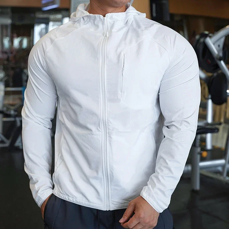 High Quality Nylon Sport Coat Mens Gym Fitness Hoodies Outdoor Workout Tops Hooded Training Running Zipped Jacket Clothes