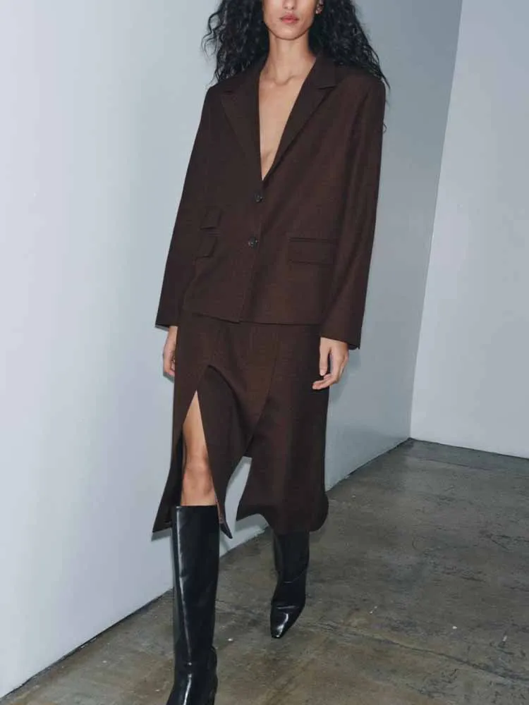 

European and American style winter new fashion trend women's clothing pocket-embellished suit jacket wide pleated skirt set