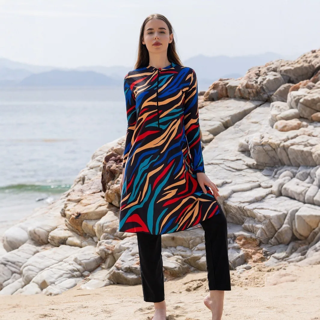 Long Sleeve Swimsuit High Neck Front Zipper Swimwear A Line Abstract Print Maxi Length Multicolor Black Base Modest Bathing Suit view 2