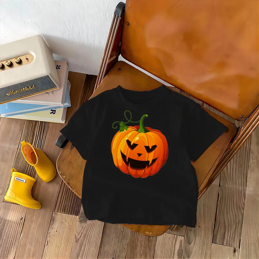 T-shirt estiva in puro cotone per bambini di Halloween Cartoon stampato zucca ragazzi e ragazze bambini sciolti e comodi per il tempo libero