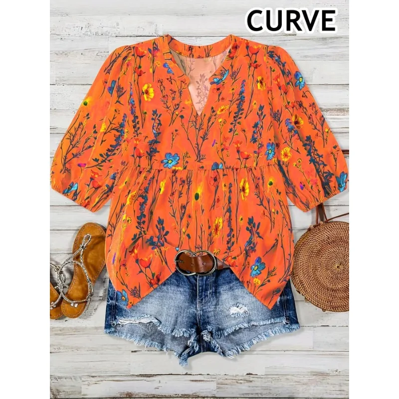 

Plus Size New Summer Autumn Women's Fashion Floral V-Neck Bishop Sleeve Blouse Women Flower Print Elegant Casual Shirt
