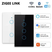 Tuya WiFi interruptor de luz inteligente interruptor de pared de Control táctil de vidrio estándar de EE. UU. 1/2/3/4 Gang No necesita neutro RF433 Alexa Google Home