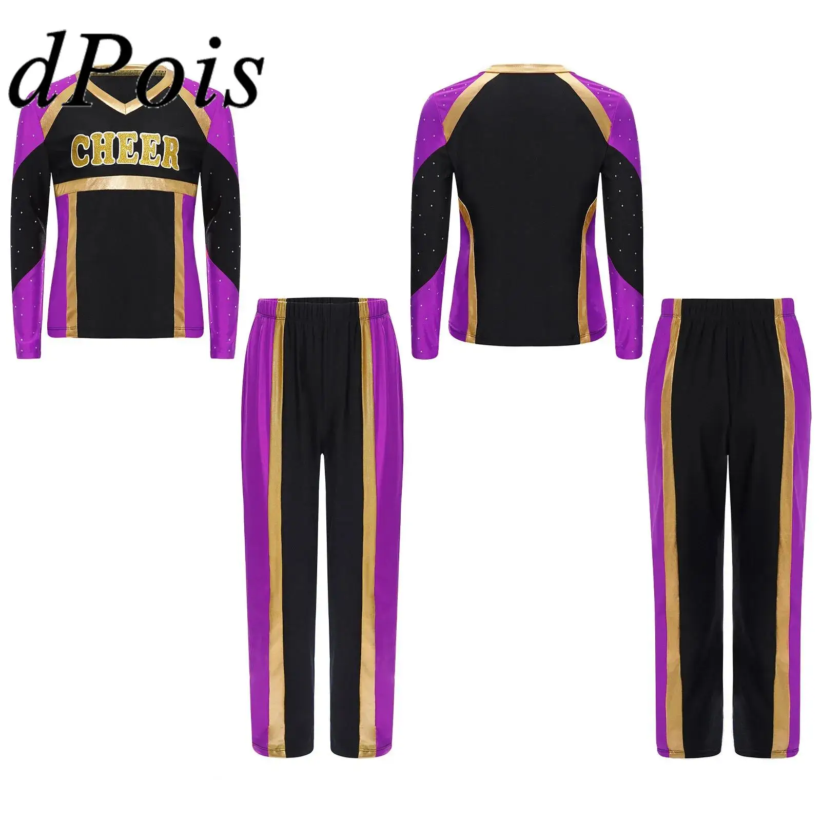 

Children Letter Print Metallic Color Block T-shirt + Pants Cheerleader Costume Kids Boys Girls Cheerleading Performance Outfit