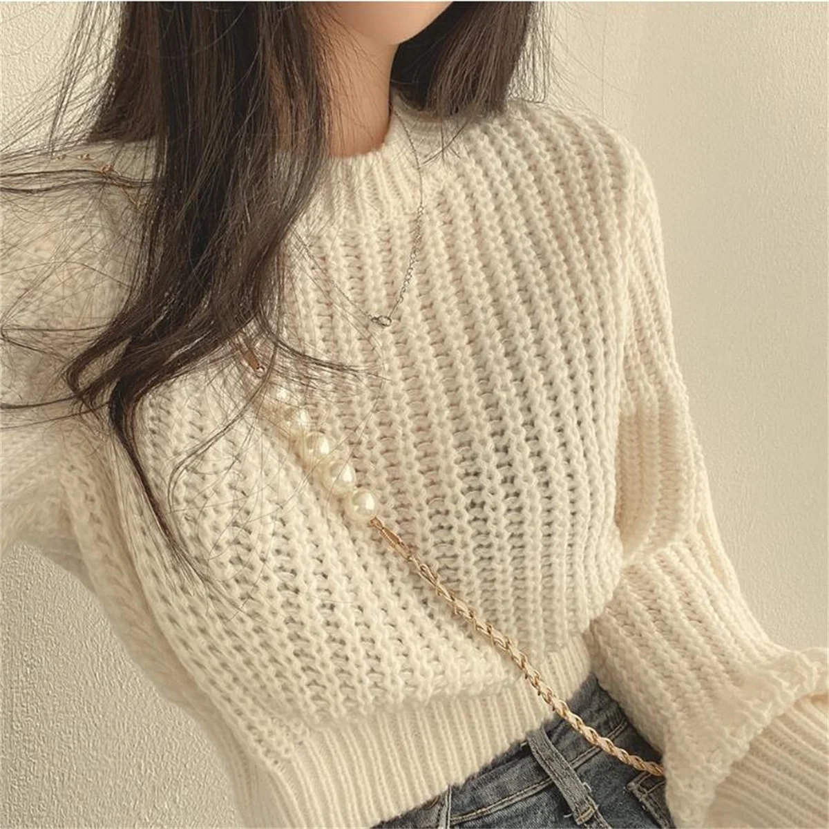 Puffy Sleeve Knit Top Women Vintage Autumn Winter Solid Sweater O Neck Loose Casual Tops Soft Chic Elegant  Pullover 2024 New