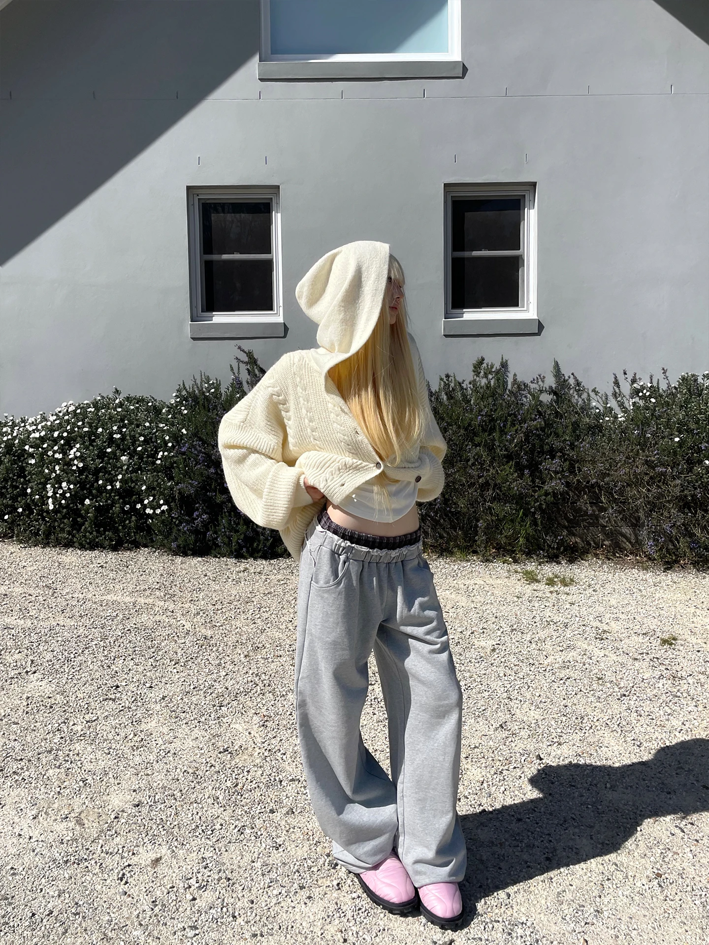 Rase Le Sol 'Relaxing Pace' Loose Wide Leg Pants Grey Frayed Hem Double Waist Flower Casual Cotton Straight Cut Trousers
