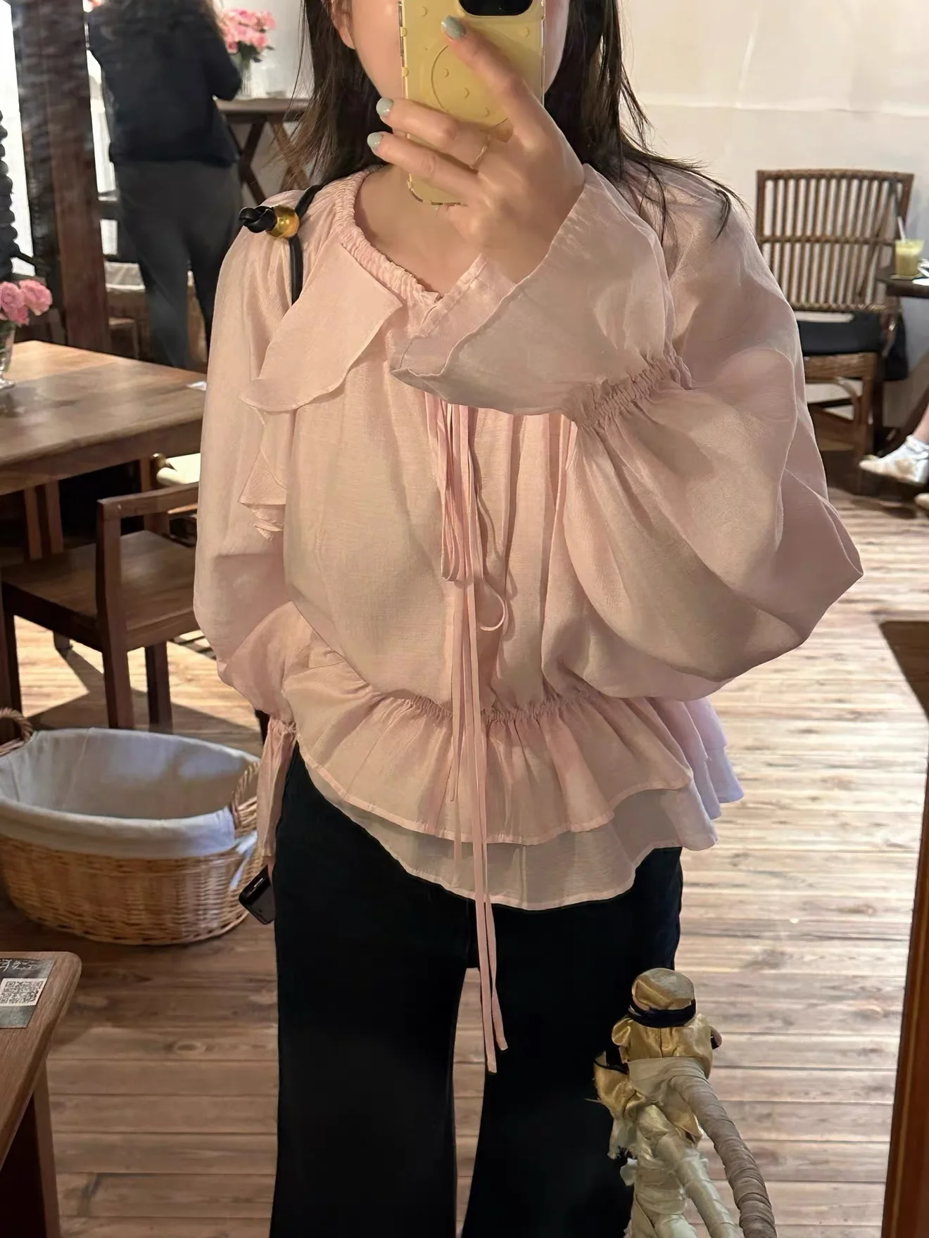 

Silk Dstring Waist Long Sve irt Pleated Hem Elastic Flared Sve New Sle Top Women's Sweet Sle Loose Fit irt