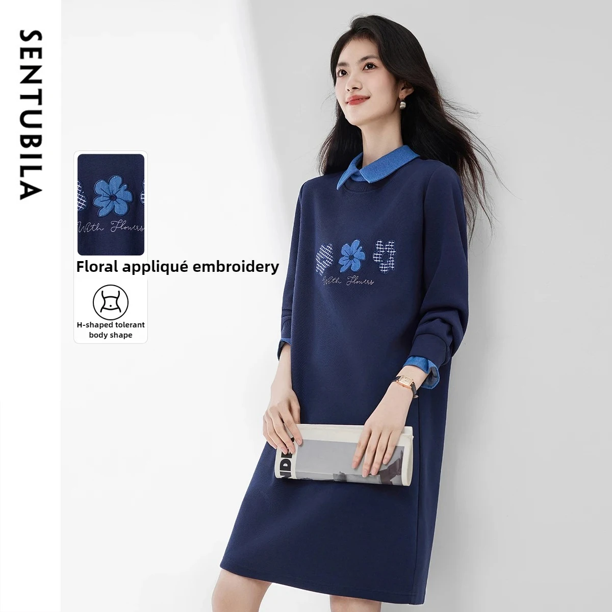 

SENTUBILA Long Sleeve Dresses 2025 Autumn Turn-down Collar H-line Dress Casual Simple Commute Loose Fit Polo Dress 153LI2508