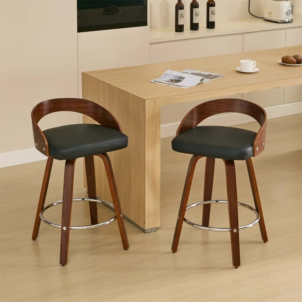 2 PCS Bar Pub Stools Set 360-degree Swivel Barstools with Low Back Wood Legs Chairs with Soft Cushion Seat Footrest For Kitchen