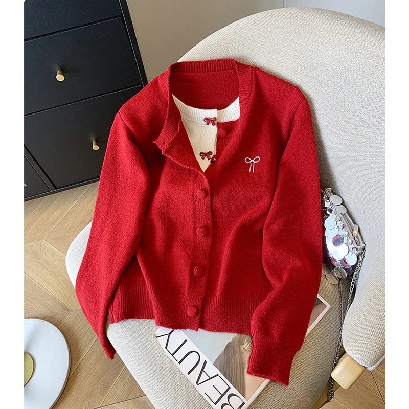 

Red Bow Knitted Cardigan Women Fashion Patchwork Sweater Outerwears Streetwear Korean Knitwears Winter Long Sleeve Jumpers New
