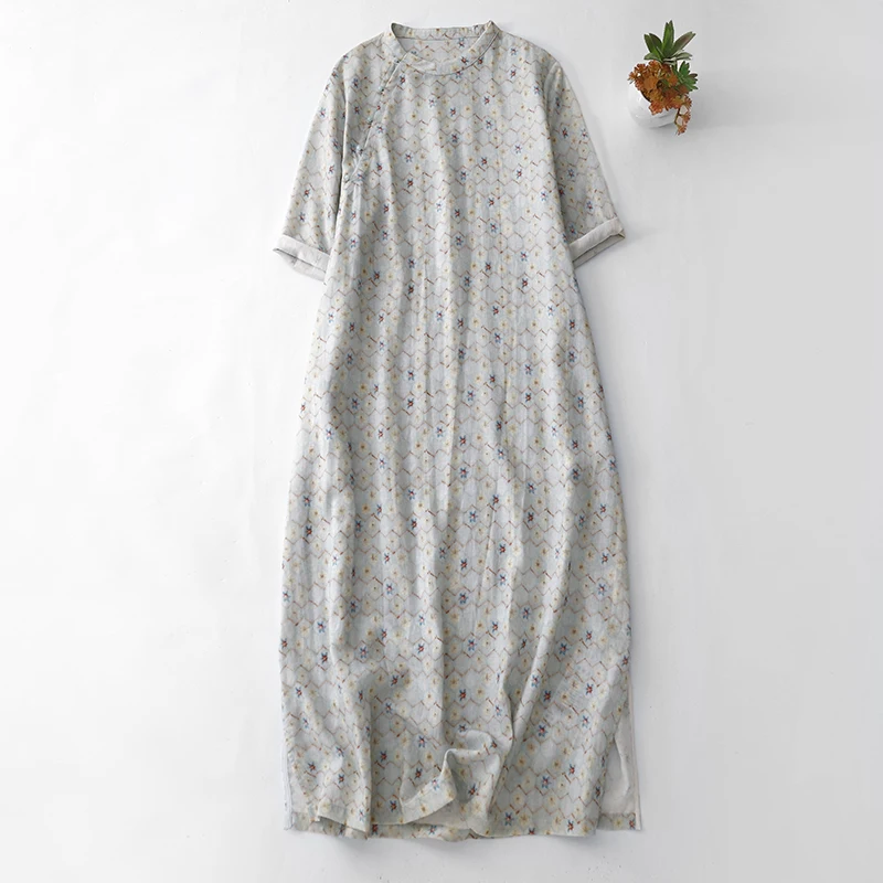 Ele vintage floral impressão linho midi dr Tee-Quarter Sve Age-Defng verão novo chinês sle commute cintura solta