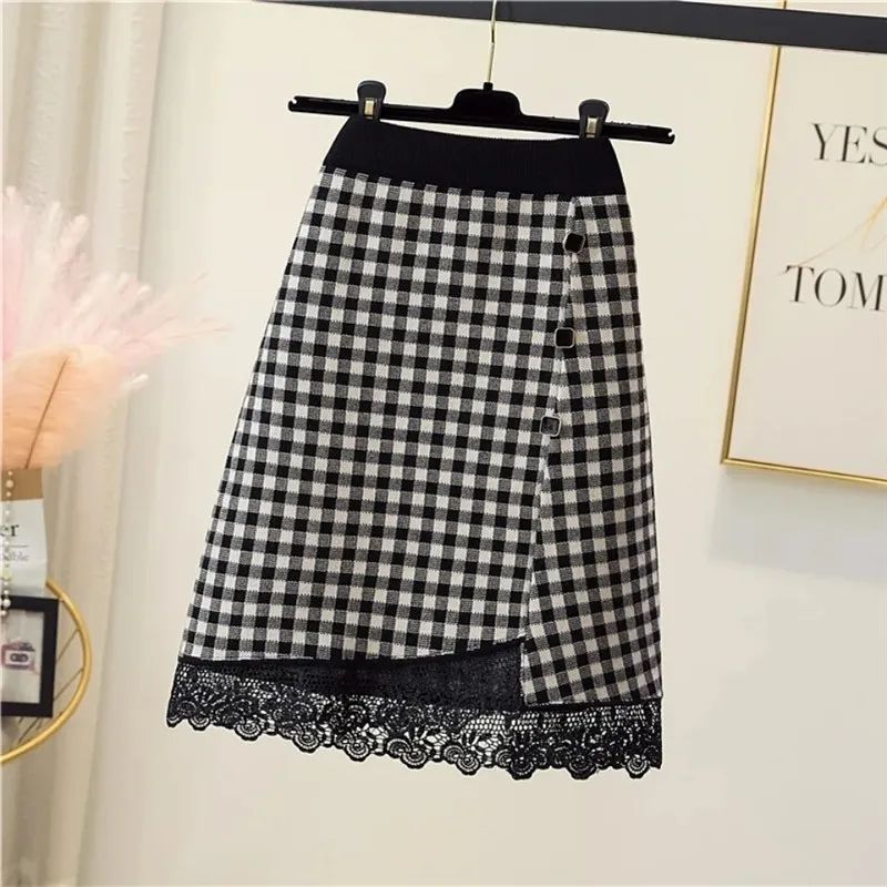 Skirts Womens 2023 Autumn/Winter New Lace Splicing Skirt High Waist Vintage Plaid Knitted A-Line Short Skirts Faldas Mujer Moda