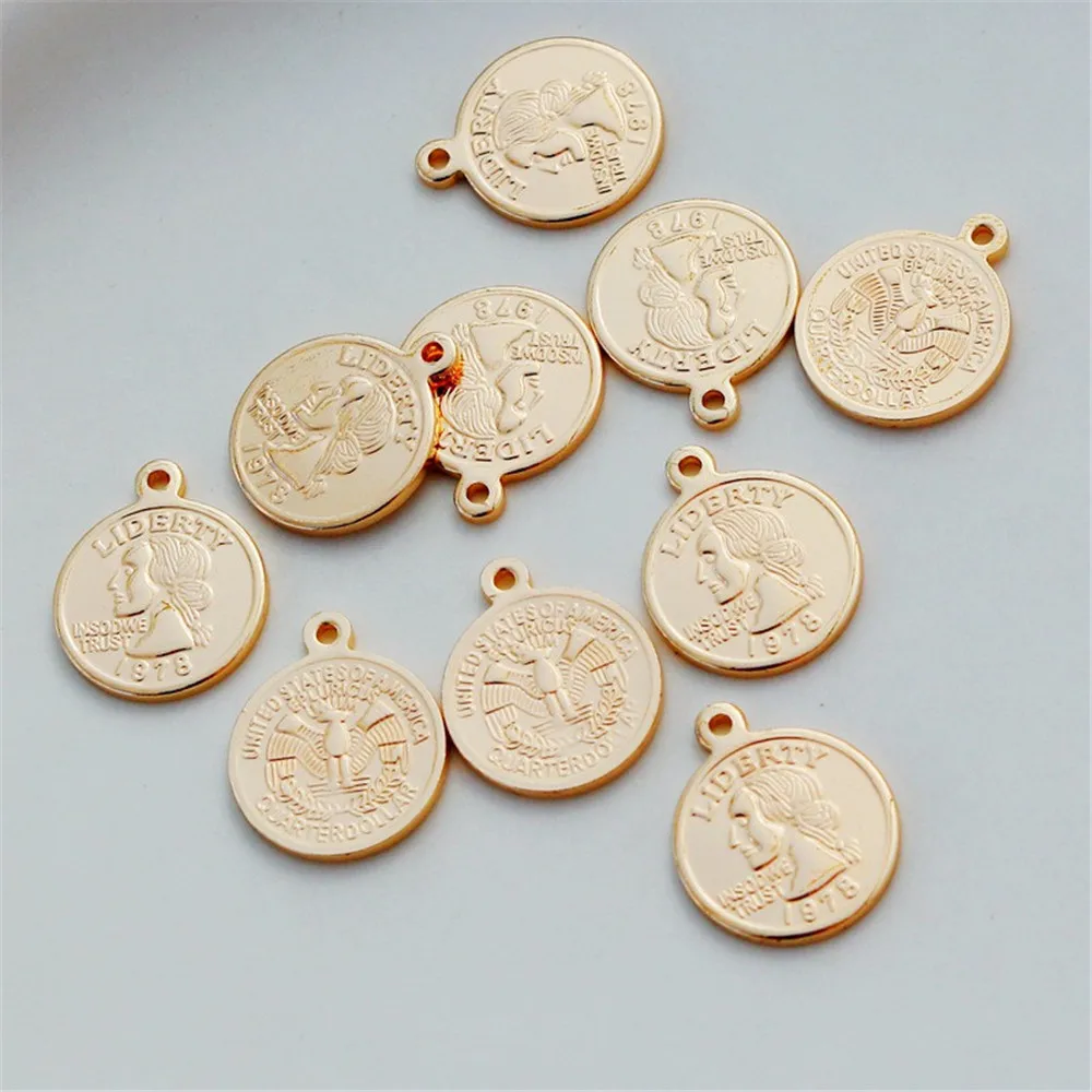 14K Copper-clad Gold Handmade Necklace and Earring Tag, Portrait Coin, Round Pendant, 1978, 13mm