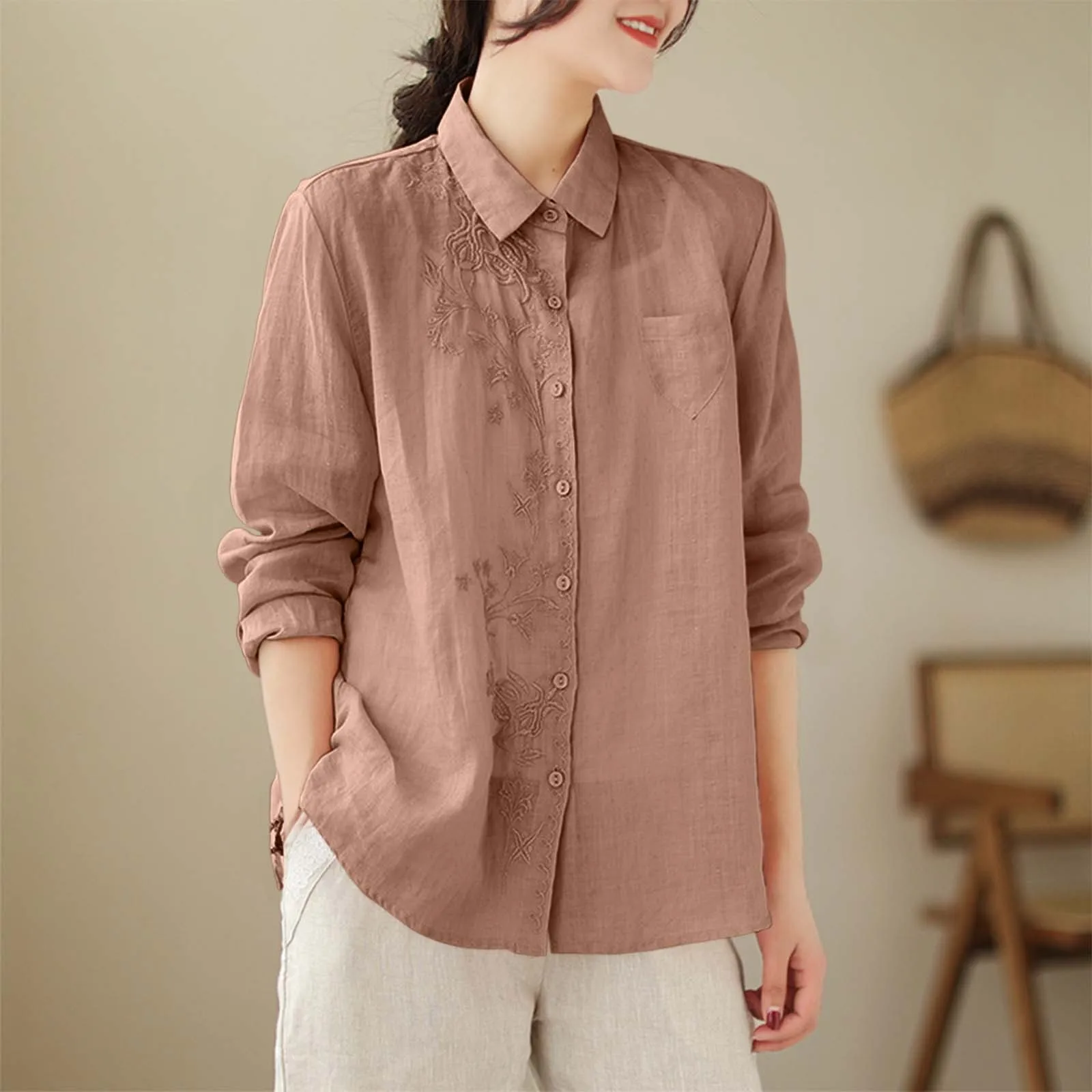 Autumn Cotton And Linen Solid Color Collar Embroidered Shirt Women Athletic T Shirt