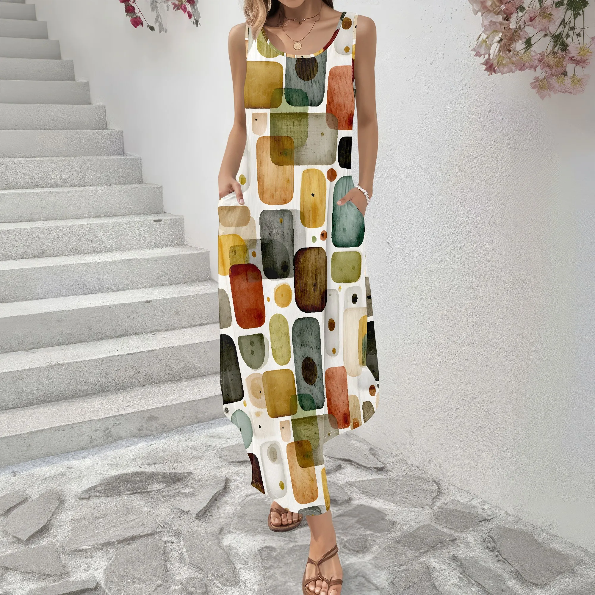 Colorful Print Sleeveless Dress, Abstract Pattern Maxi Dress, Boho Style Summer Wear, Beach Holiday Outfit, S-2XL
