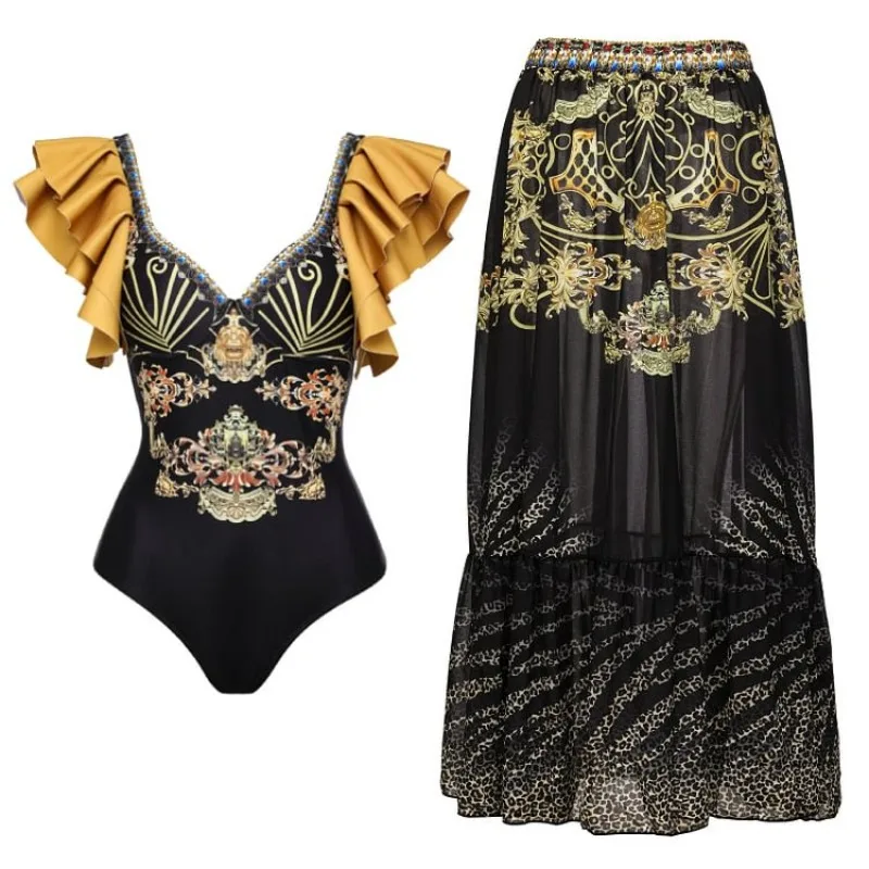 

Цельный купальник для женщин с краем в виде листьев лотоса, черный с золотым принтом, цельный купальник для женщин, купальник для внешней торговли, Amazon