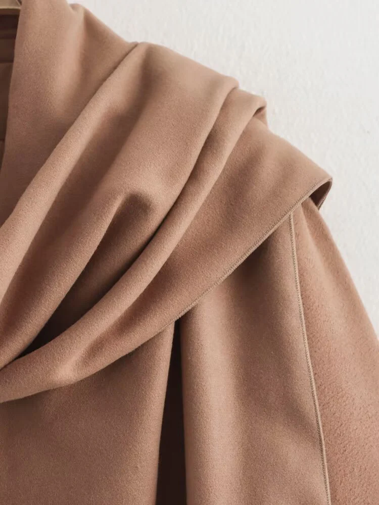 أزياء نسائية جديدة على الطراز الأوروبي، متعددة الاستخدامات، أنيقة بلون سادة معطف صوف مزدوج الصدر مع ياقة وشاح، طويلة جدًا. #5