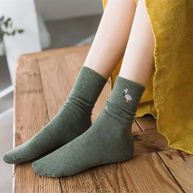 Borduren Cartoon Leuke Damessokken College Stijl Katoenen Lange Sokken voor Vrouwen Vintage Streetwear Sok Calcetines Mujer