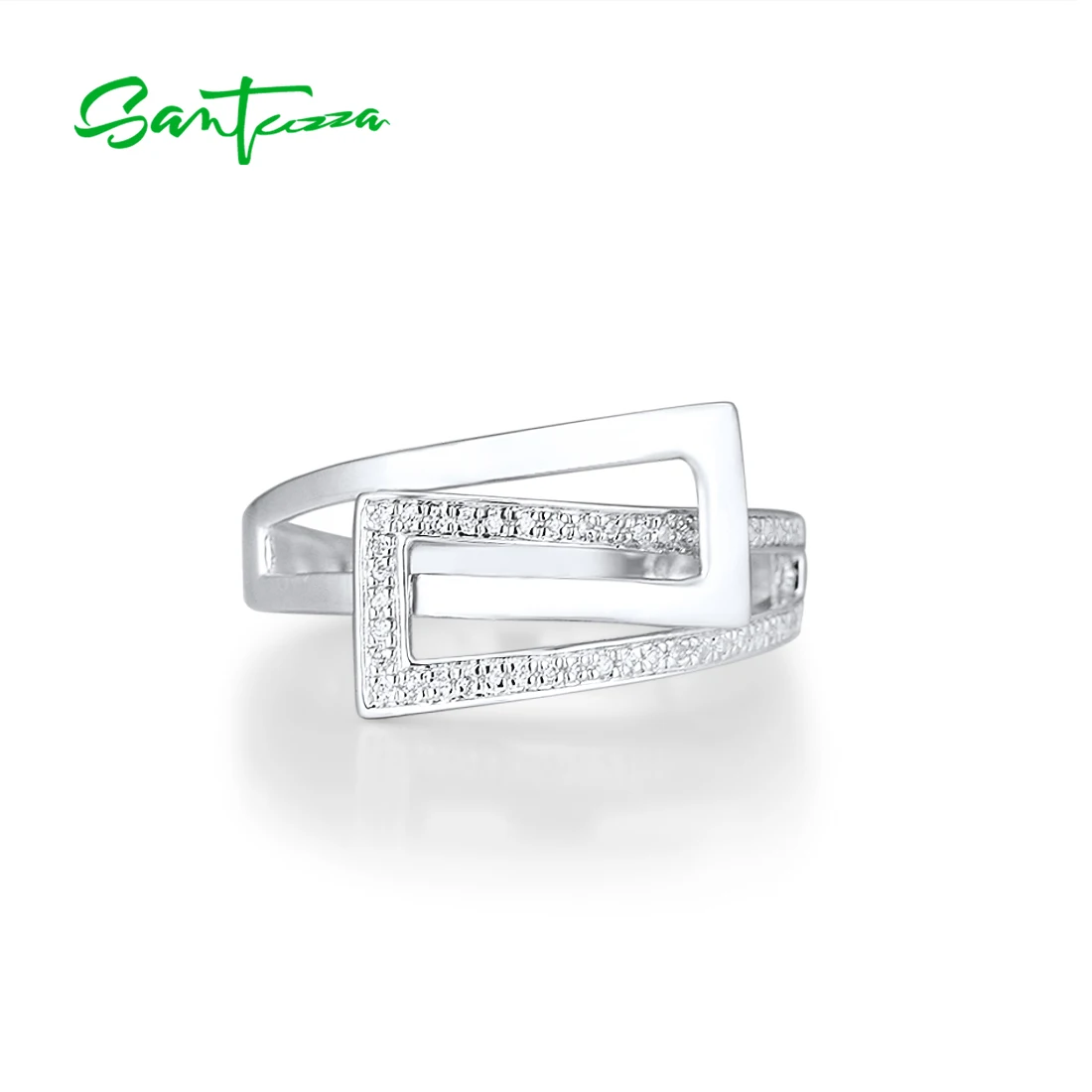 SANTUZZA Silver Rings For Women Pure 925 Sterling Silver Sparkling White Cubic Zirconia Linear Minimalist  Elegant Fine Jewelry