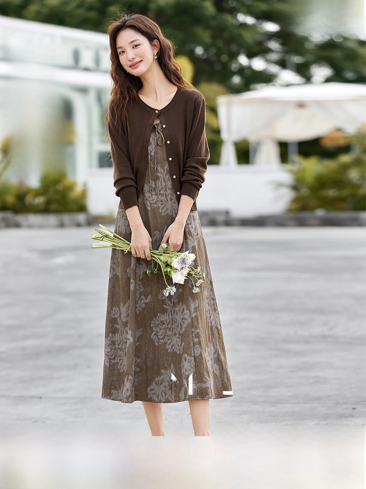 

Элегантный модный комплект с цветочным принтом: женский кардиган с круглым вырезом и платье на бретелях, двухсоставный костюм, высокая эластичность, длинный рукав, полиэстер