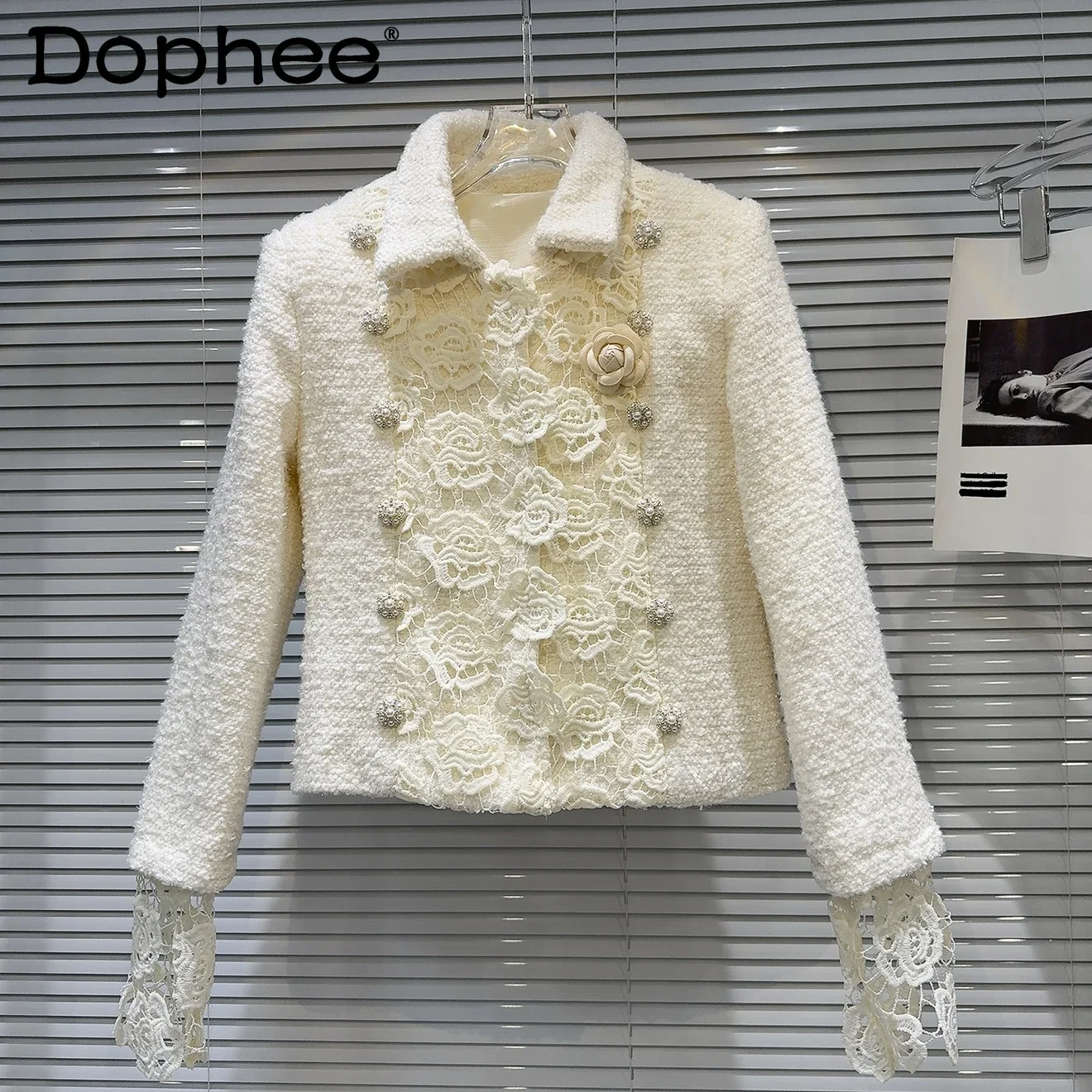 

Fall Winter New French Celebrity Pearl Buckle Hook Design Woolen Down Inner Short Coat Commuter Style Women Jacket Beige