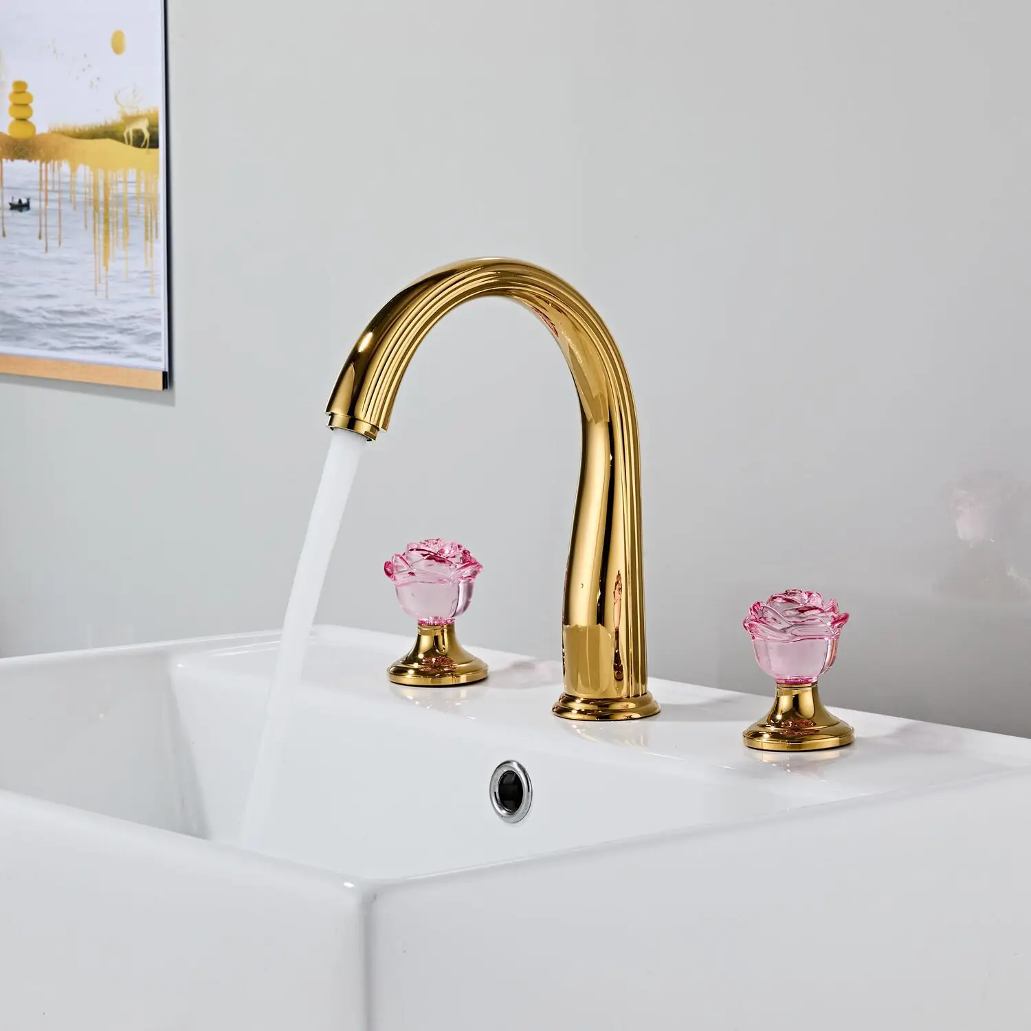 Solid Brass Three Hole Vanity Basin Mixer Independent Split Cold Hot Tap Rose Shape Crystal Handle Bathroom Countertop Hardware