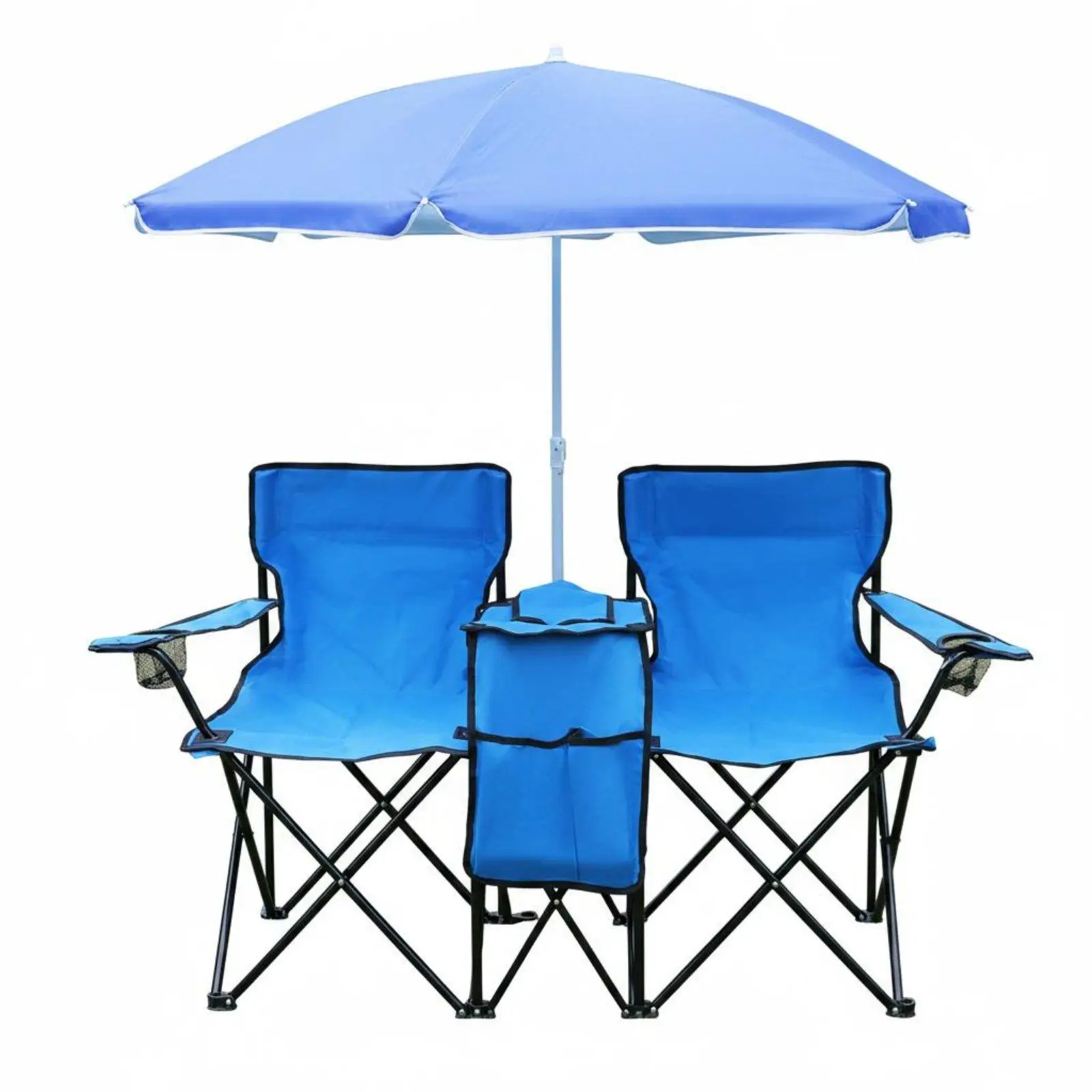 Portable Double Leisure Chair with Umbrella Folding Outdoor Loveseat for Camping Garden Patio Fishing